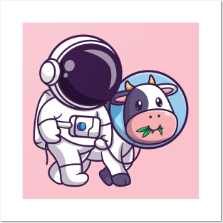 Cute Astronaut With Cow Astronaut Cartoon Posters and Art